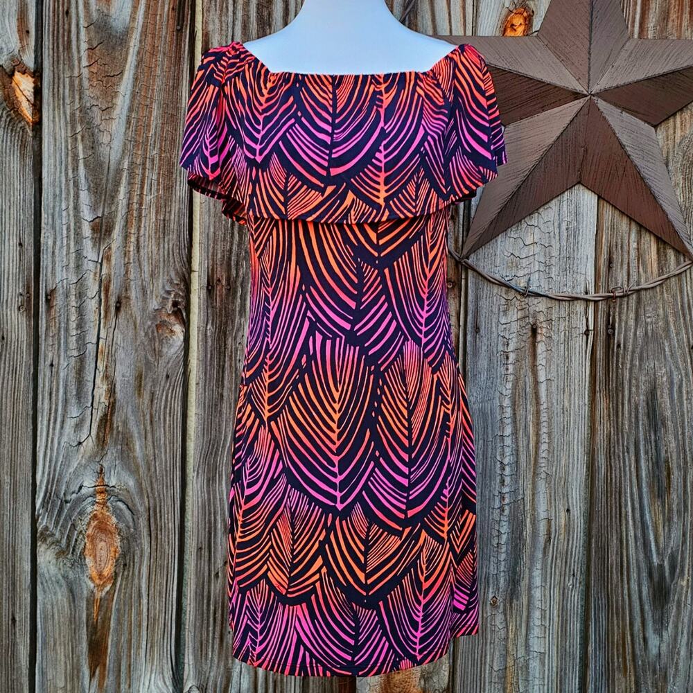 Ruffle Off Shoulder Dress Trina Turk Merci Size S Navy Neon Orange Purple Print